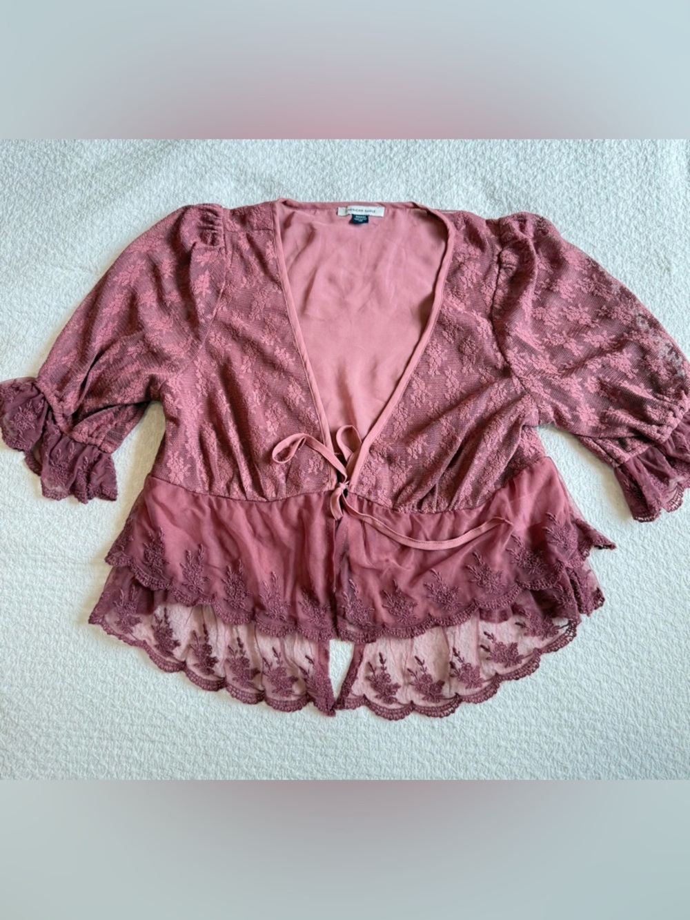 American Eagle Outfitters Dusty Rose Lace Tie-Front Blouse